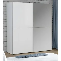 Armoire 2 Portes Coulissantes 5 Tablettes Blanc Laqué Miroir - JEIK -Sominova Soldes Boutique armoire et dressing 10059427