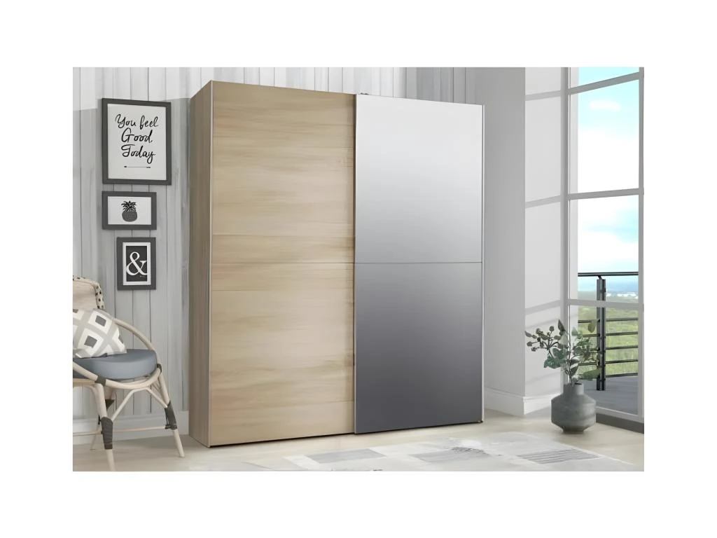 Armoire 2 Portes Coulissantes 5 Tablettes Décor Bois Et Miroir - JEIK 4 Armoire 2 Portes Coulissantes 5 Tablettes Décor Bois Et Miroir - JEIK – Image 2