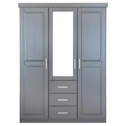 STRADI - Armoire 3 Portes 3 Tiroirs Grise Avec Miroir