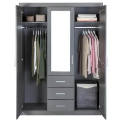 STRADI - Armoire 3 Portes 3 Tiroirs Grise Avec Miroir -Sominova Soldes Boutique armoire et dressing 10059813