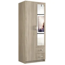 ROMA | Armoire Compacte Chambre Bureau | Penderie Multifonctions | 2 Portes | Miroir | 2 Tiroirs | Meuble De Rangement | Dressing