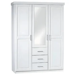 ALASKA - Armoire 3 Portes 1 Miroir Bois Massif Vernis Blanc