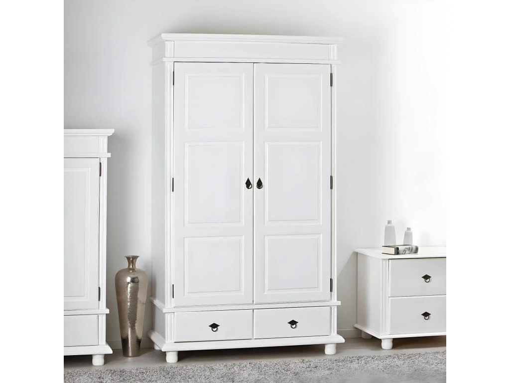 TRISTAN - Armoire 2 Portes 2 Tiroirs Bois Massif Vernis Blanc 4 TRISTAN - Armoire 2 Portes 2 Tiroirs Bois Massif Vernis Blanc – Image 2