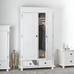 TRISTAN - Armoire 2 Portes 2 Tiroirs Bois Massif Vernis Blanc 11 TRISTAN - Armoire 2 Portes 2 Tiroirs Bois Massif Vernis Blanc -Sominova Soldes Boutique armoire et dressing 10060675