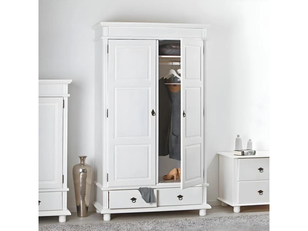 TRISTAN - Armoire 2 Portes 2 Tiroirs Bois Massif Vernis Blanc 7 TRISTAN - Armoire 2 Portes 2 Tiroirs Bois Massif Vernis Blanc – Image 5
