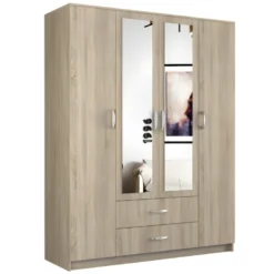ROMA | Grande Armoire Chambre Bureau 205x160x52 Cm | Penderie | 2 Portes | 2 Miroirs | 2 Tiroirs | Meuble De Rangement