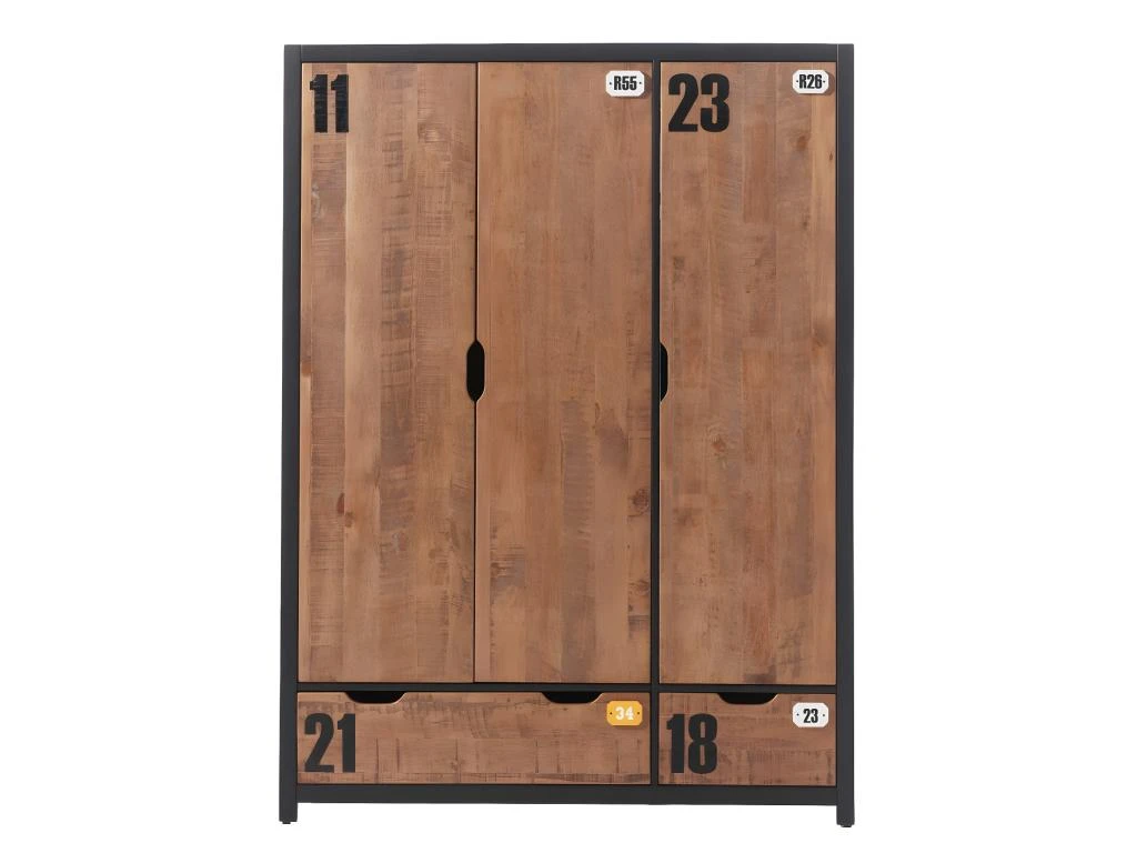 TCHAD - Armoire 3 Portes 2 Tiroirs En Pin Massif Avec Motifs 3 TCHAD - Armoire 3 Portes 2 Tiroirs En Pin Massif Avec Motifs