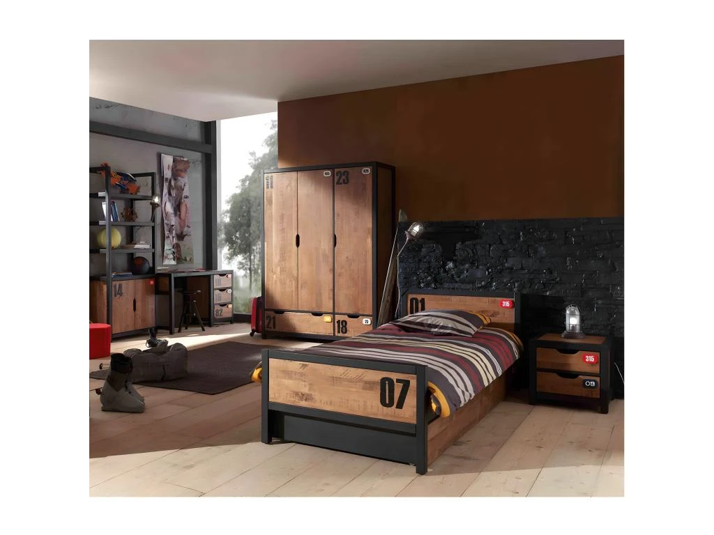 TCHAD - Armoire 3 Portes 2 Tiroirs En Pin Massif Avec Motifs 4 TCHAD - Armoire 3 Portes 2 Tiroirs En Pin Massif Avec Motifs – Image 2