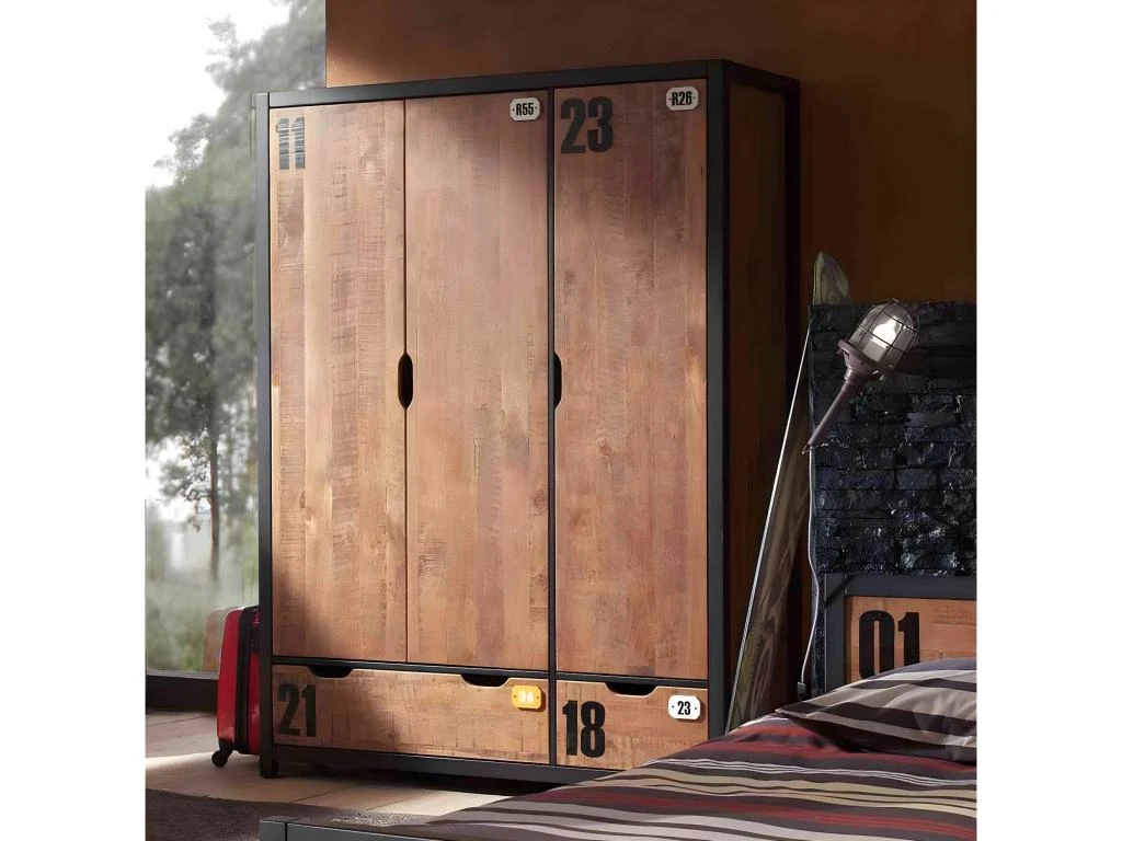 TCHAD - Armoire 3 Portes 2 Tiroirs En Pin Massif Avec Motifs 5 TCHAD - Armoire 3 Portes 2 Tiroirs En Pin Massif Avec Motifs – Image 3