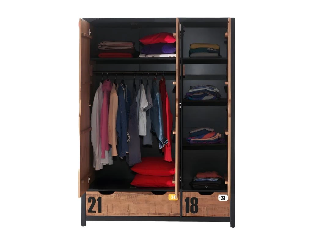 TCHAD - Armoire 3 Portes 2 Tiroirs En Pin Massif Avec Motifs 6 TCHAD - Armoire 3 Portes 2 Tiroirs En Pin Massif Avec Motifs – Image 4