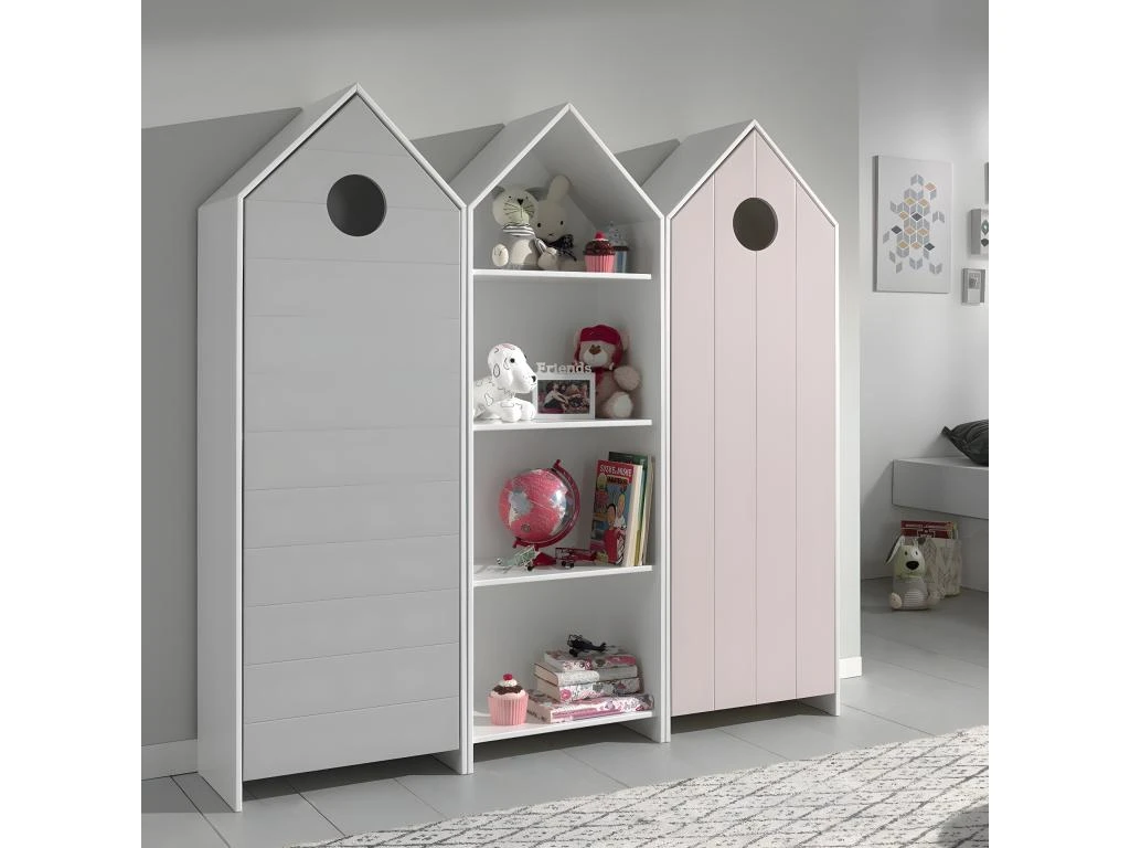 HAVRE - Pack Bibliothèque + 2 Armoires Rose Et Grise 3 HAVRE - Pack Bibliothèque + 2 Armoires Rose Et Grise
