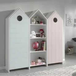 HAVRE - Pack Bibliothèque + 2 Armoires Rose Et Verte