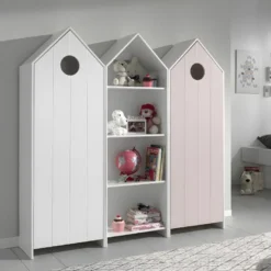HAVRE - Pack Bibliothèque + 2 Armoires Blanche Et Rose