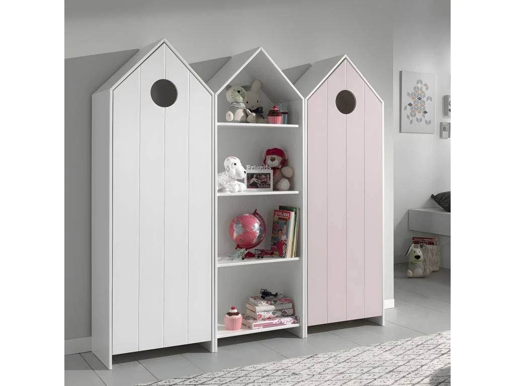 HAVRE - Pack Bibliothèque + 2 Armoires Blanche Et Rose 3 HAVRE - Pack Bibliothèque + 2 Armoires Blanche Et Rose