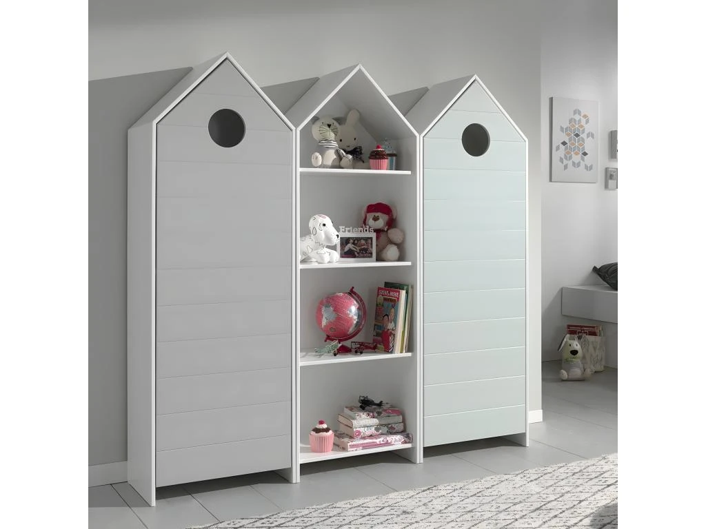 HAVRE - Pack Bibliothèque + 2 Armoires Verte Et Grise 3 HAVRE - Pack Bibliothèque + 2 Armoires Verte Et Grise