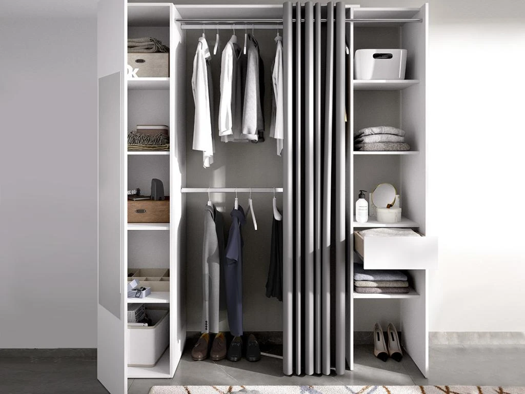 Dressing Avec Rideau Et 1 Porte - Avec Miroir - L177 Cm - Blanc Et Gris - BERTRAND 4 Dressing Avec Rideau Et 1 Porte - Avec Miroir - L177 Cm - Blanc Et Gris - BERTRAND – Image 2