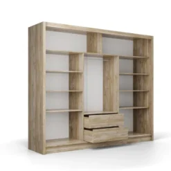 Armoire 3 Portes Coulissantes - Avec Miroir - L250 Cm - Coloris : Naturel Et Blanc - LEOVIA 12 Armoire 3 Portes Coulissantes - Avec Miroir - L250 Cm - Coloris : Naturel Et Blanc - LEOVIA -Sominova Soldes Boutique armoire et dressing 11732255