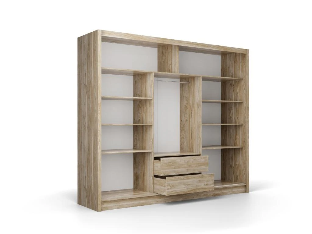 Armoire 3 Portes Coulissantes - Avec Miroir - L250 Cm - Coloris : Naturel Et Blanc - LEOVIA 6 Armoire 3 Portes Coulissantes - Avec Miroir - L250 Cm - Coloris : Naturel Et Blanc - LEOVIA – Image 4