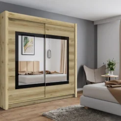 Armoire 2 Portes Coulissantes - Avec Miroir - L203 Cm - Coloris : Naturel - AUTLAN