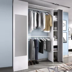 Dressing Avec Rideau Et 1 Porte - Avec Miroir - L177 Cm - Blanc Et Gris - BERTRAND