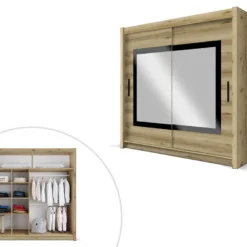 Armoire 2 Portes Coulissantes - Avec Miroir - L203 Cm - Coloris : Naturel - AUTLAN -Sominova Soldes Boutique armoire et dressing 12308267