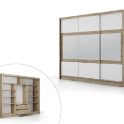 Armoire 3 Portes Coulissantes - Avec Miroir - L250 Cm - Coloris : Naturel Et Blanc - LEOVIA 14 Armoire 3 Portes Coulissantes - Avec Miroir - L250 Cm - Coloris : Naturel Et Blanc - LEOVIA -Sominova Soldes Boutique armoire et dressing 12308273