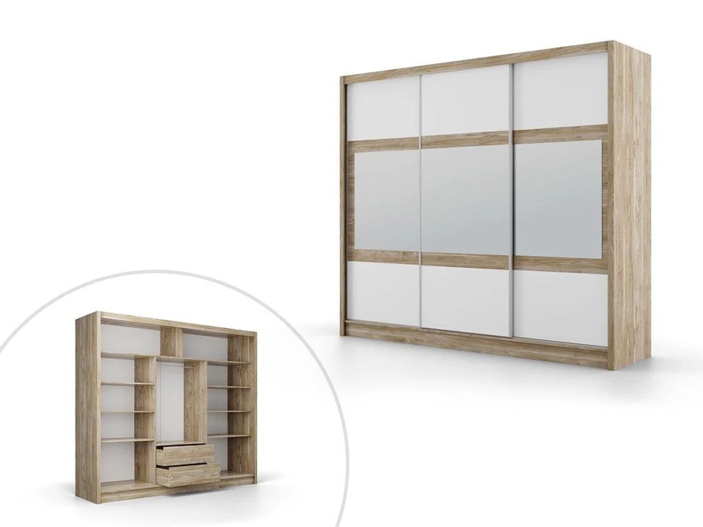 Armoire 3 Portes Coulissantes - Avec Miroir - L250 Cm - Coloris : Naturel Et Blanc - LEOVIA 8 Armoire 3 Portes Coulissantes - Avec Miroir - L250 Cm - Coloris : Naturel Et Blanc - LEOVIA – Image 6