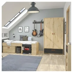 Armoire 2 Portes 1 Tiroir Chêne/Noir - ESTHER -Sominova Soldes Boutique armoire et dressing 12496339