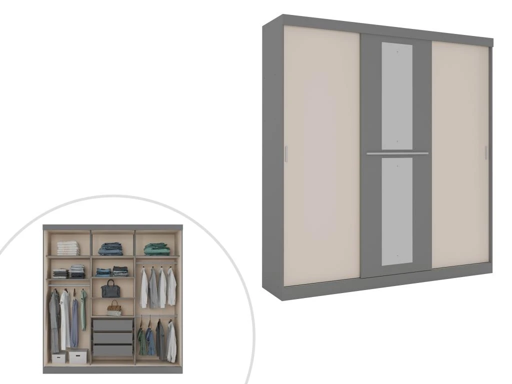 Armoire 3 Portes Coulissantes - Avec Miroir - L205 Cm - Gris Et Beige - DIDDA II 7 Armoire 3 Portes Coulissantes - Avec Miroir - L205 Cm - Gris Et Beige - DIDDA II â Image 5