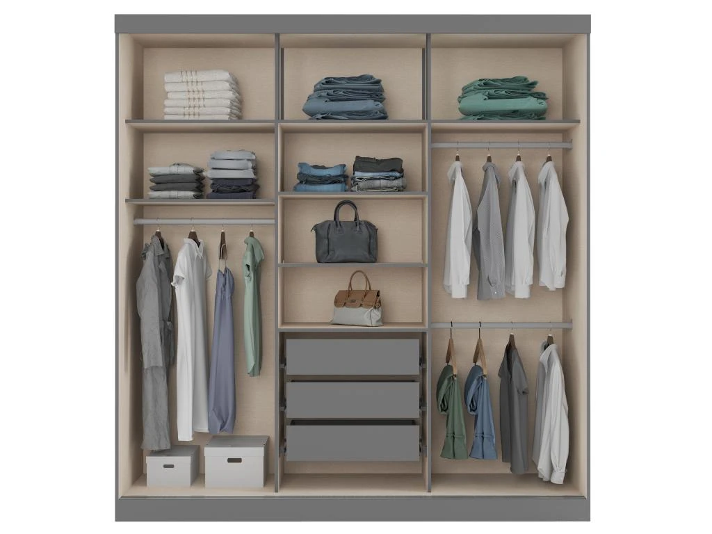 Armoire 3 Portes Coulissantes - Avec Miroir - L205 Cm - Gris Et Beige - DIDDA II 6 Armoire 3 Portes Coulissantes - Avec Miroir - L205 Cm - Gris Et Beige - DIDDA II â Image 4