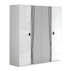 CADIRY - Armoire 4 Portes Avec Miroir Blanche Sérigraphiée