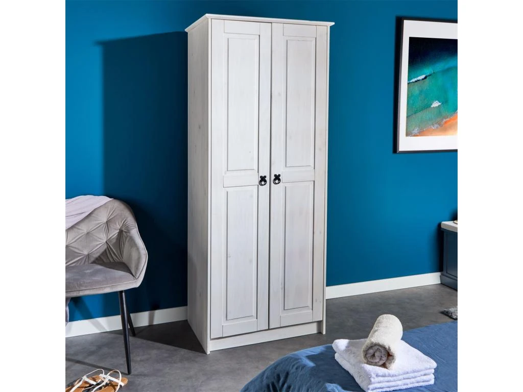 Armoire RESIDENCIA En Pin Lasuré Blanc, Penderie Pour Vêtements Style Mexicain Avec 2 Portes 4 Armoire RESIDENCIA En Pin Lasuré Blanc, Penderie Pour Vêtements Style Mexicain Avec 2 Portes – Image 2