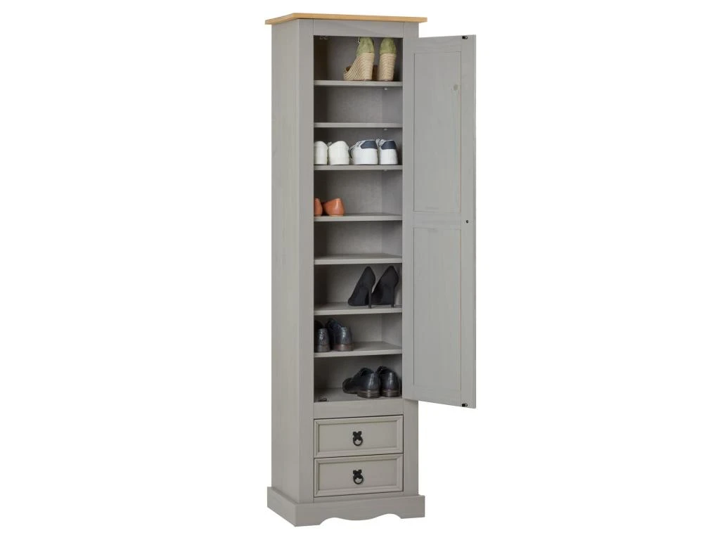Armoire TEQUILA Meuble De Rangement Avec 7 Tablettes Derrière 1 Porte Battante Et 2 Tiroirs, En Pin Massif Lasuré Gris Et Brun 3 Armoire TEQUILA Meuble De Rangement Avec 7 Tablettes Derrière 1 Porte Battante Et 2 Tiroirs, En Pin Massif Lasuré Gris Et Brun