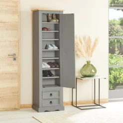 Armoire TEQUILA Meuble De Rangement Avec 7 Tablettes Derrière 1 Porte Battante Et 2 Tiroirs, En Pin Massif Lasuré Gris Et Brun 8 Armoire TEQUILA Meuble De Rangement Avec 7 Tablettes Derrière 1 Porte Battante Et 2 Tiroirs, En Pin Massif Lasuré Gris Et Brun -Sominova Soldes Boutique armoire et dressing 12853337