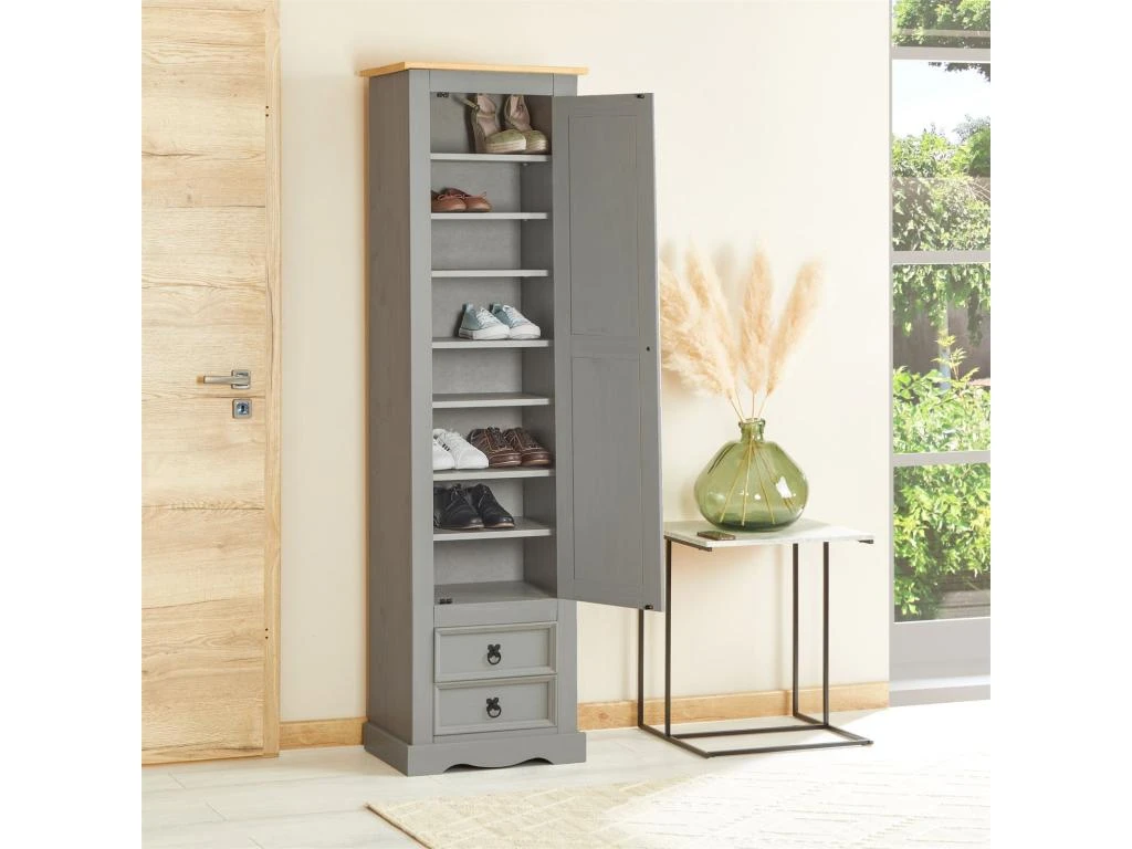 Armoire TEQUILA Meuble De Rangement Avec 7 Tablettes Derrière 1 Porte Battante Et 2 Tiroirs, En Pin Massif Lasuré Gris Et Brun 4 Armoire TEQUILA Meuble De Rangement Avec 7 Tablettes Derrière 1 Porte Battante Et 2 Tiroirs, En Pin Massif Lasuré Gris Et Brun – Image 2