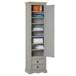 Armoire TEQUILA Meuble De Rangement Avec 7 Tablettes Derrière 1 Porte Battante Et 2 Tiroirs, En Pin Massif Lasuré Gris Et Brun 10 Armoire TEQUILA Meuble De Rangement Avec 7 Tablettes Derrière 1 Porte Battante Et 2 Tiroirs, En Pin Massif Lasuré Gris Et Brun -Sominova Soldes Boutique armoire et dressing 12853341