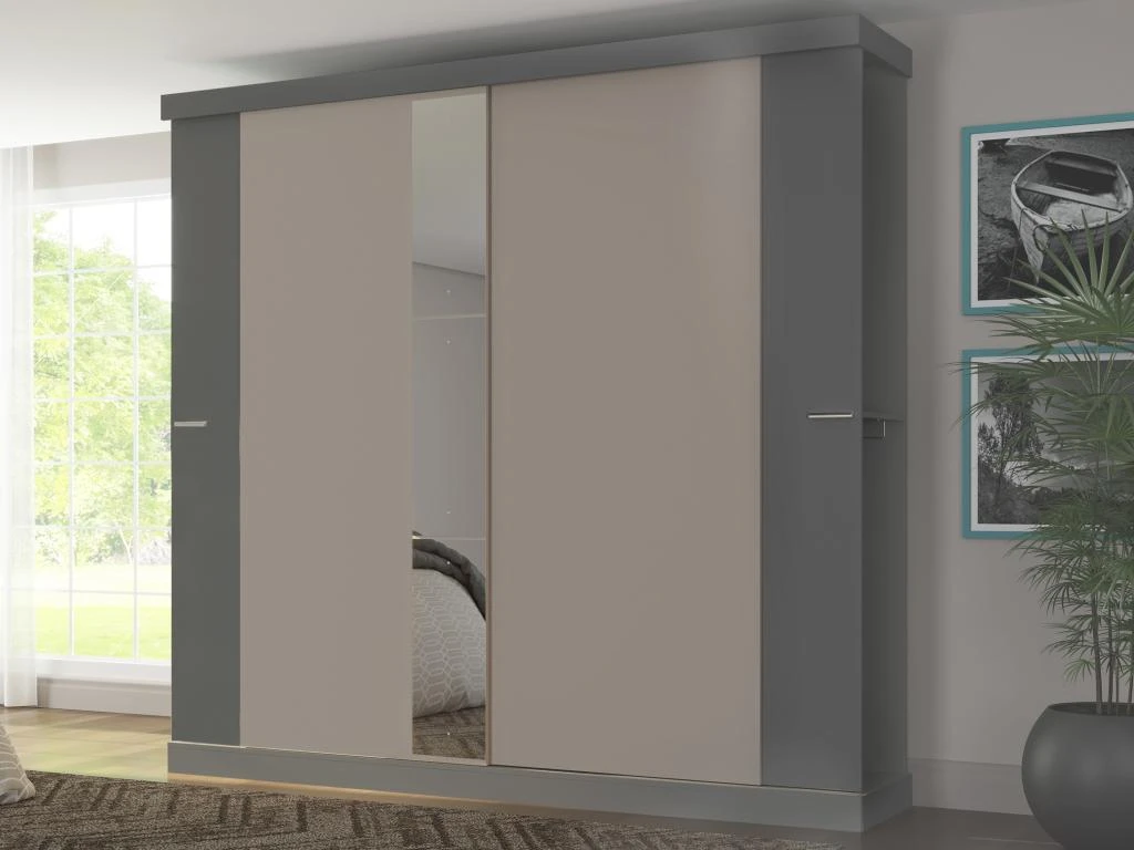 Armoire 2 Portes Coulissantes - Avec Miroir - L231 - Coloris : Gris Et Beige - ADALRIK III 3 Armoire 2 Portes Coulissantes - Avec Miroir - L231 - Coloris : Gris Et Beige - ADALRIK III