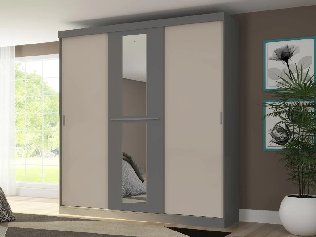 Armoire 3 Portes Coulissantes - Avec Miroir - L205 Cm - Gris Et Beige - DIDDA II 3 Armoire 3 Portes Coulissantes - Avec Miroir - L205 Cm - Gris Et Beige - DIDDA II