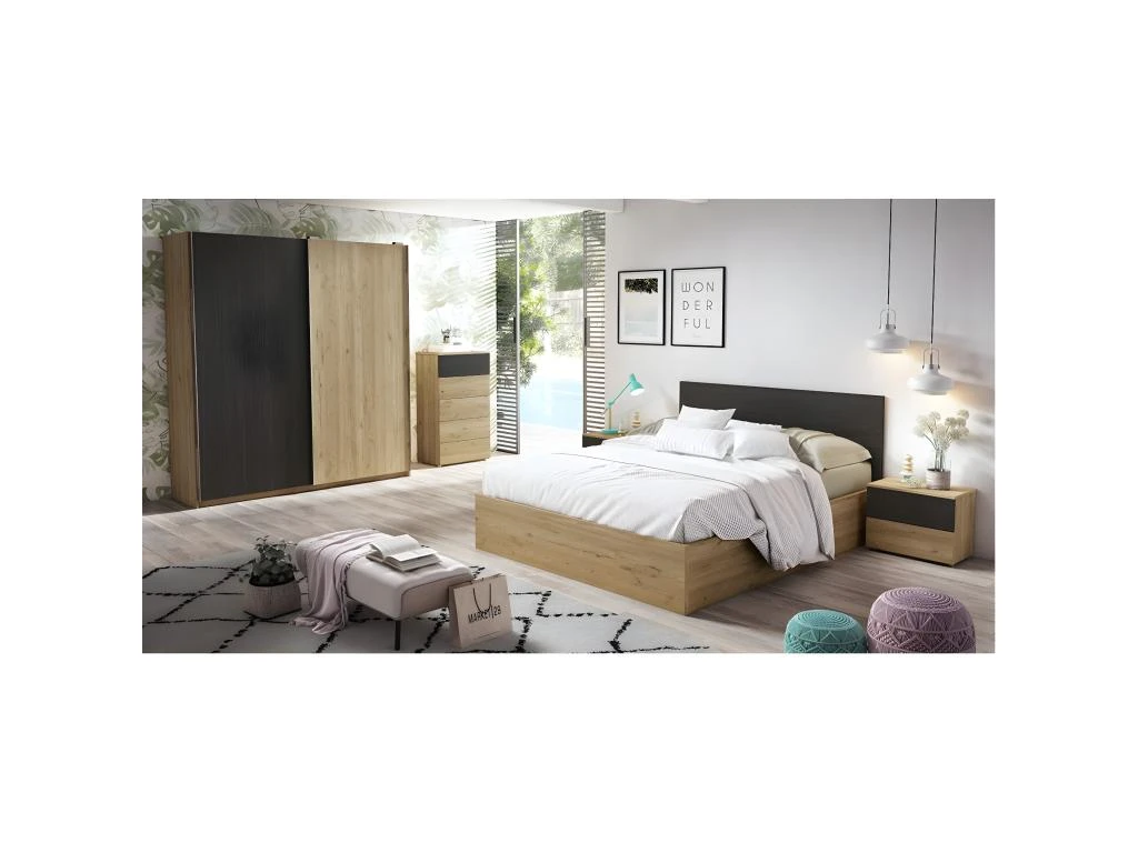 KONETIS - Armoire Penderie 2 Portes Coulissantes Effet Chêne Et Bois Noir 4 KONETIS - Armoire Penderie 2 Portes Coulissantes Effet Chêne Et Bois Noir – Image 2