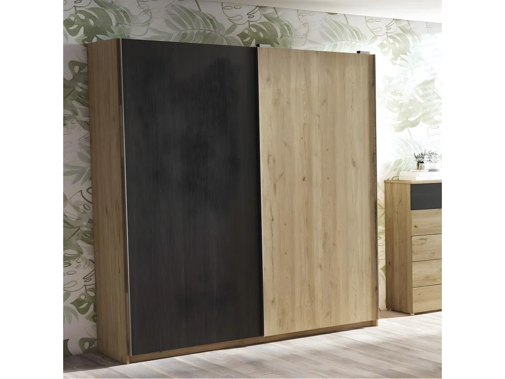 KONETIS - Armoire Penderie 2 Portes Coulissantes Effet Chêne Et Bois Noir 6 KONETIS - Armoire Penderie 2 Portes Coulissantes Effet Chêne Et Bois Noir – Image 4
