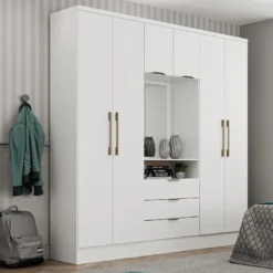 Armoire 6 Portes Et 3 Tiroirs - Avec Miroir - L180 Cm - Coloris : Blanc - ELORIO