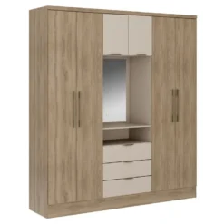 Armoire 6 Portes Et 3 Tiroirs - Avec Miroir - L180 Cm - Coloris : Naturel Et Beige - ELORIO -Sominova Soldes Boutique armoire et dressing 14813911