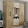 Armoire 6 Portes Et 3 Tiroirs - Avec Miroir - L180 Cm - Coloris : Naturel Et Beige - ELORIO -Sominova Soldes Boutique armoire et dressing 14813927