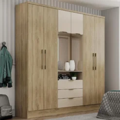 Armoire 6 Portes Et 3 Tiroirs - Avec Miroir - L180 Cm - Coloris : Naturel Et Beige - ELORIO