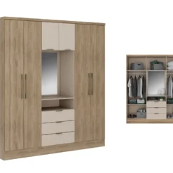 Armoire 6 Portes Et 3 Tiroirs - Avec Miroir - L180 Cm - Coloris : Naturel Et Beige - ELORIO -Sominova Soldes Boutique armoire et dressing 15142229