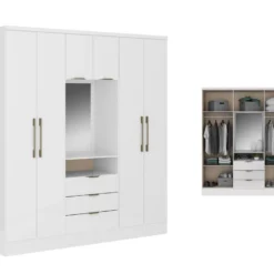 Armoire 6 Portes Et 3 Tiroirs - Avec Miroir - L180 Cm - Coloris : Blanc - ELORIO -Sominova Soldes Boutique armoire et dressing 15142311