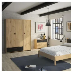 Armoire 3 Portes 1 Tiroir Chêne/Noir - ESTHER -Sominova Soldes Boutique armoire et dressing 17632489