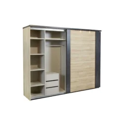 Armoire 217 Cm 2 Portes Coulissantes + Leds Chêne Naturel/Noir - ZEUS -Sominova Soldes Boutique armoire et dressing 17637017