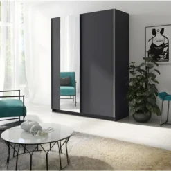 Armoire, Garde Robe 150cm Coloris Gris Graphite Collection GOZU. Deux Portes Coulissantes. Dressing Complet Avec Miroir. 7 Armoire, Garde Robe 150cm Coloris Gris Graphite Collection GOZU. Deux Portes Coulissantes. Dressing Complet Avec Miroir. -Sominova Soldes Boutique armoire et dressing 18064827