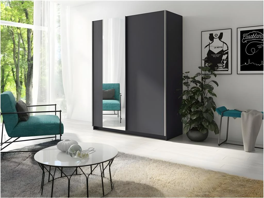 Armoire, Garde Robe 150cm Coloris Gris Graphite Collection GOZU. Deux Portes Coulissantes. Dressing Complet Avec Miroir. 5 Armoire, Garde Robe 150cm Coloris Gris Graphite Collection GOZU. Deux Portes Coulissantes. Dressing Complet Avec Miroir. â Image 3